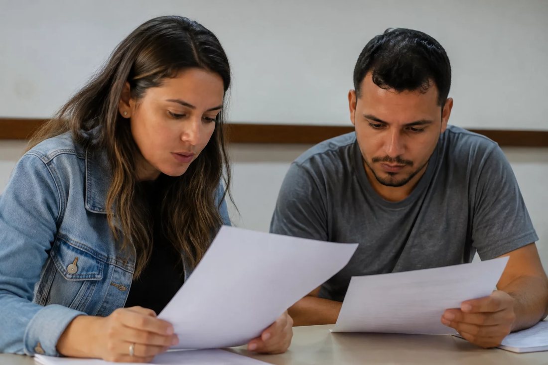 Sala clara de reunião com uma pessoa em pé explicando um ponto ao restante do grupo